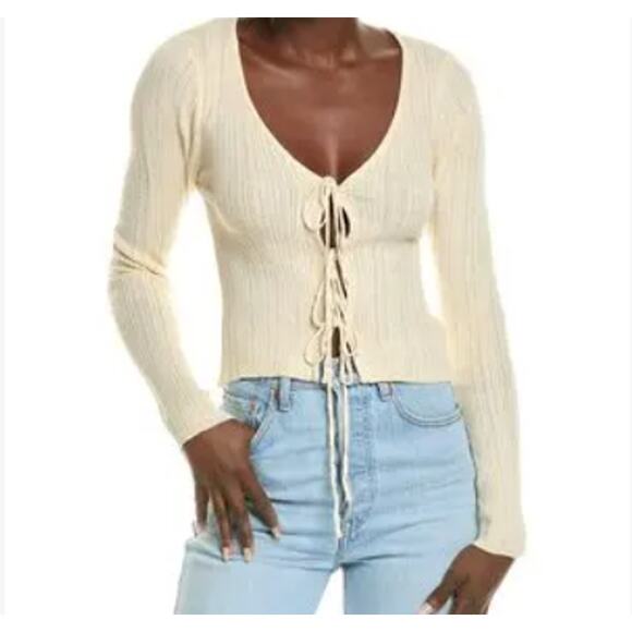 Sage The Label Sweaters - Sage The Label Cream Valeria Tie Front Rib Cardi Sweater Size Large